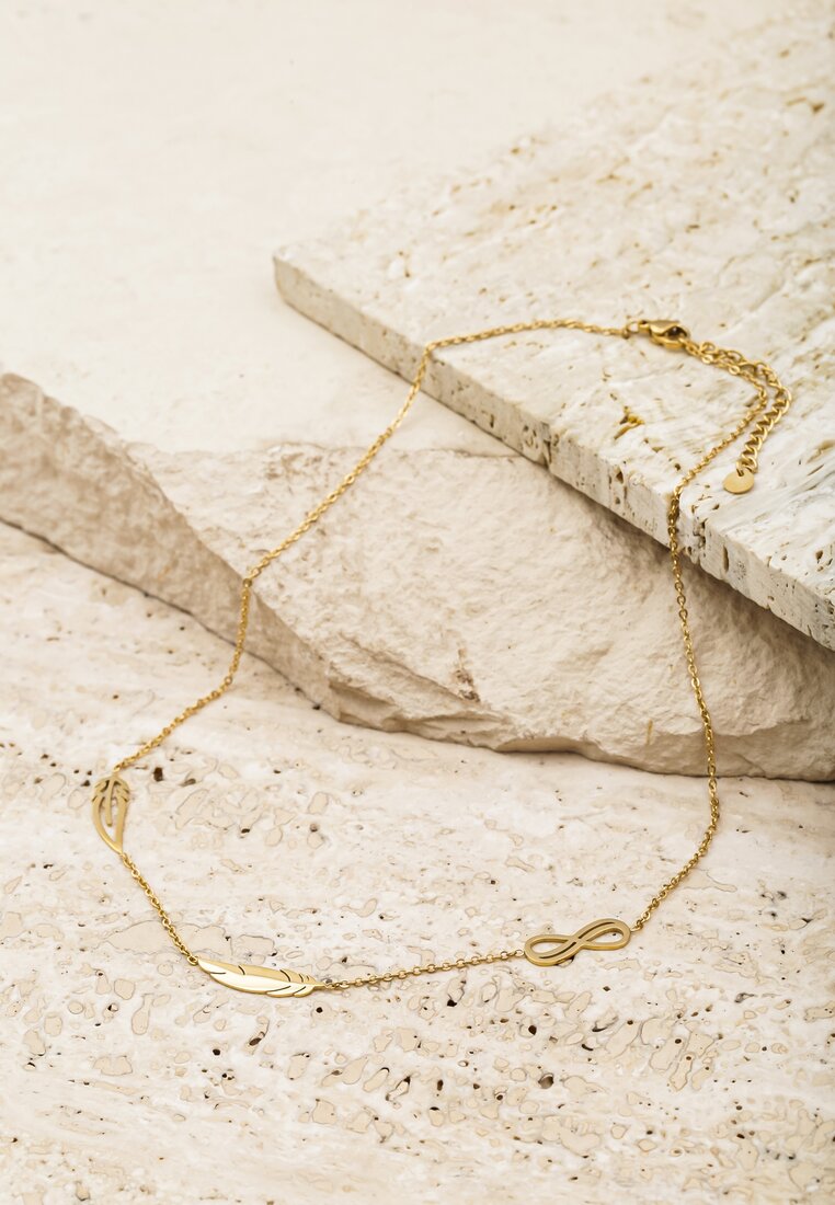 Złoty Naszyjnik z Symbolem Nieskończoności i Piórek na Cienkim Łańcuszku Cassanthe