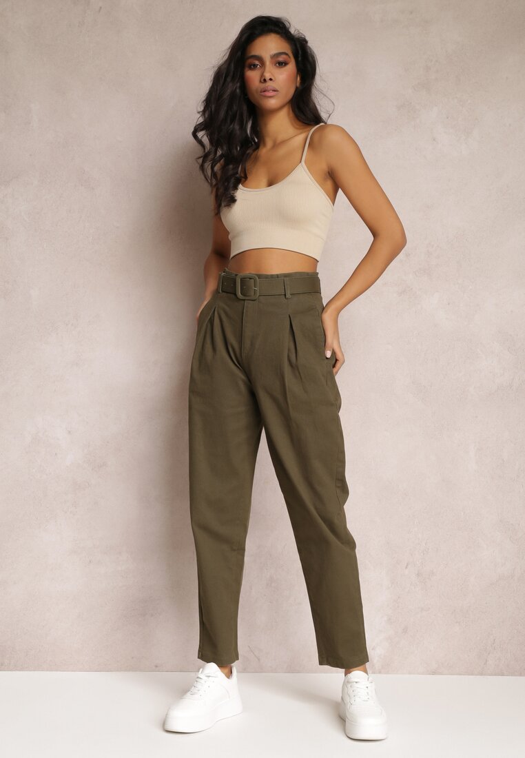 Ciemnozielone Jeansy Mom Fit z Paskiem Alemothee