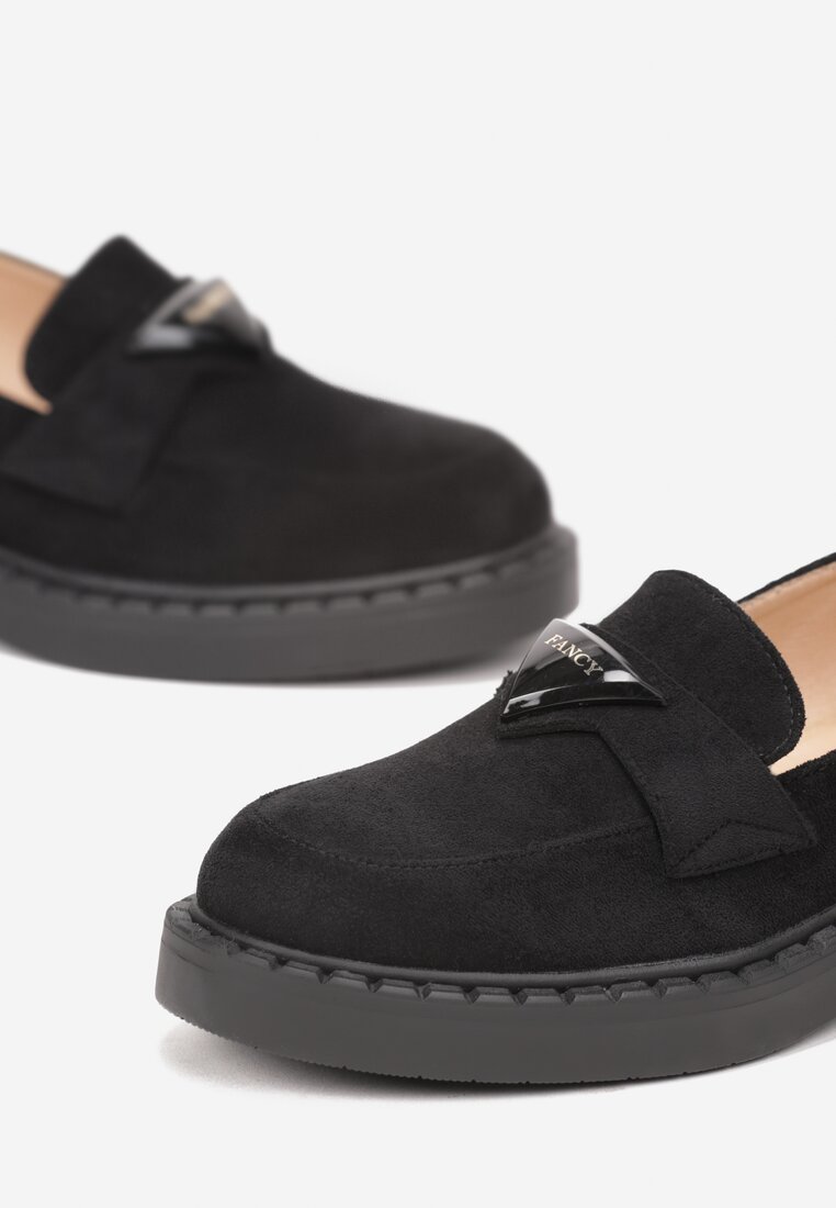 Mocasini negri cu branț din piele naturală și aplicație decorativă Ochelari