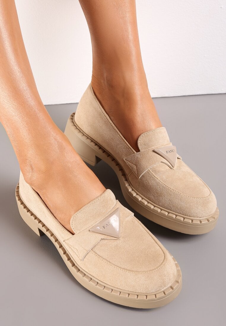 Mocasini Bej cu Brant din Piele Naturală și Aplicatie Decorativă Ochelari