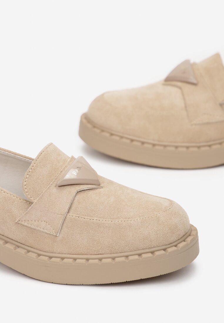 Mocasini Bej cu Brant din Piele Naturală și Aplicatie Decorativă Ochelari