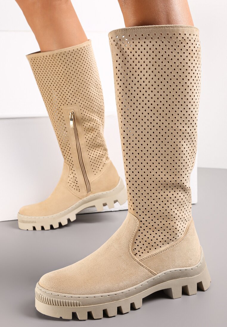 Beżowe Kozaki do Kolana z Perforacją i Wkładką ze Skóry Naturalnej Tenze