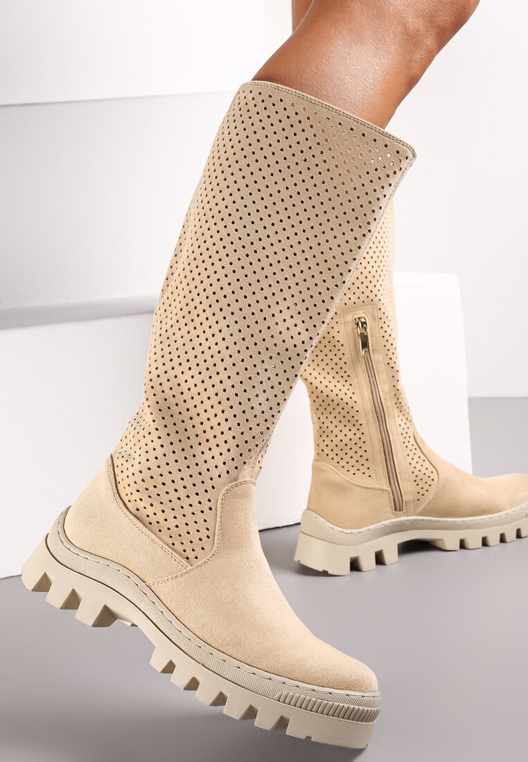 Beżowe Kozaki do Kolana z Perforacją i Wkładką ze Skóry Naturalnej Tenze