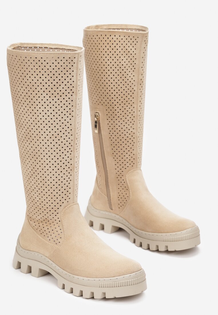 Beżowe Kozaki do Kolana z Perforacją i Wkładką ze Skóry Naturalnej Tenze