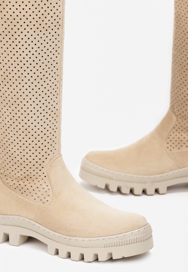 Beżowe Kozaki do Kolana z Perforacją i Wkładką ze Skóry Naturalnej Tenze