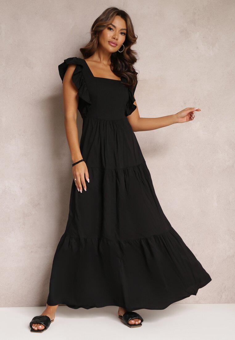 Czarna Sukienka Maxi z Bawełny z Falbankami i Ozdobnym Wiązaniem Namonche