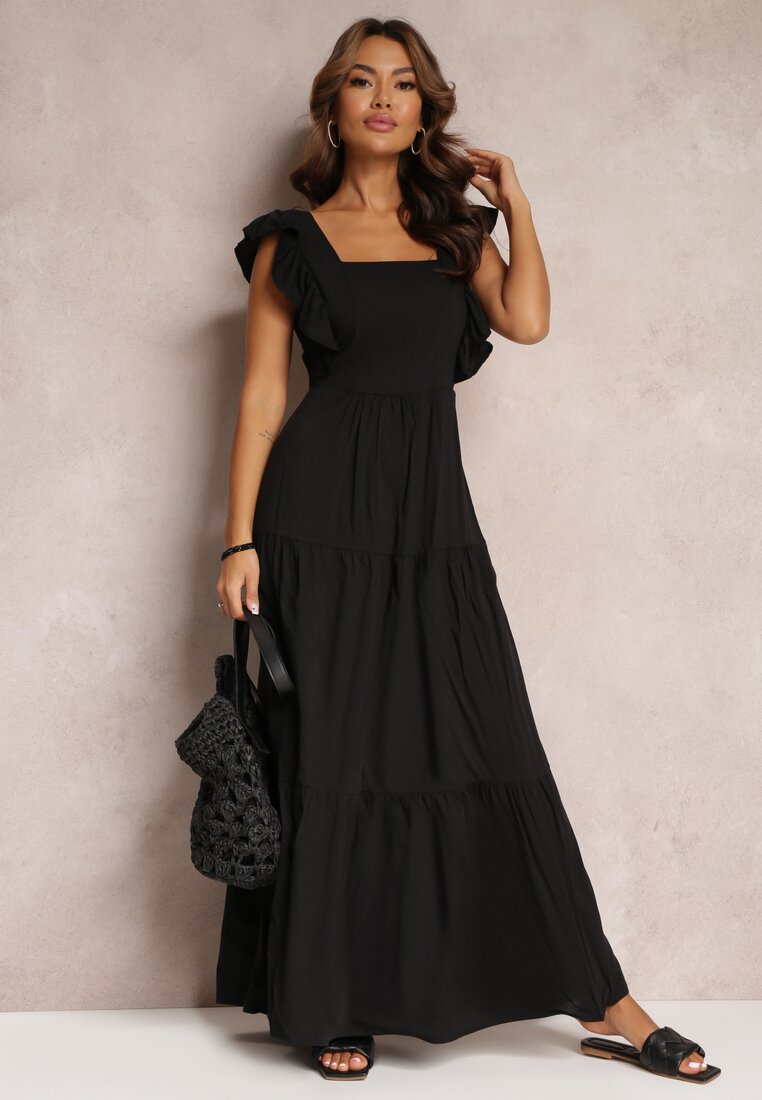 Czarna Sukienka Maxi z Bawełny z Falbankami i Ozdobnym Wiązaniem Namonche