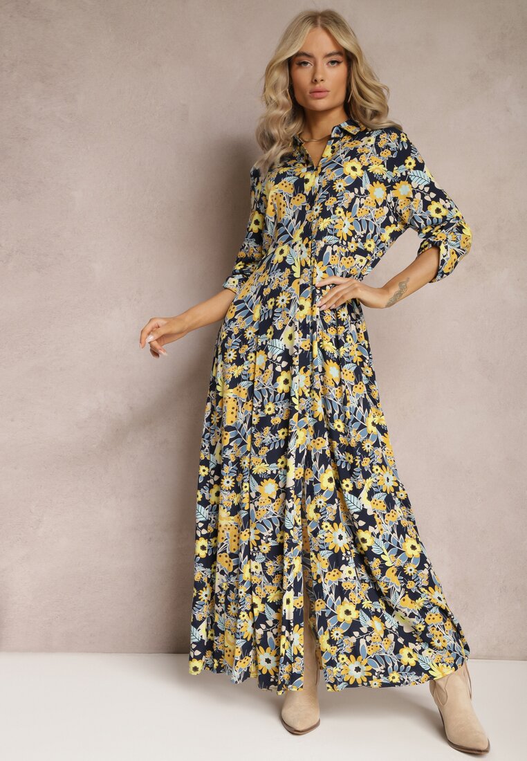 Granatowo-Żółta Koszulowa Sukienka Maxi z Podpinanymi Rękawami w Kwiatowy Wzór c