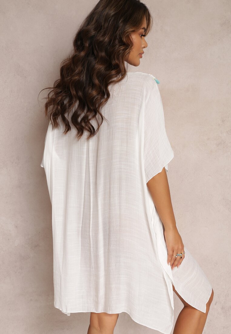 Biała Oversizowa Sukienka Narzutka Boho z Kolorowymi Frędzlami Collalo