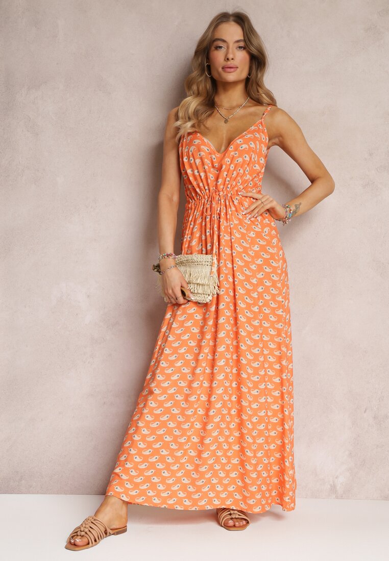 Pomarańczowa Sukienka Maxi na Ramiączkach z Wiskozy Satha