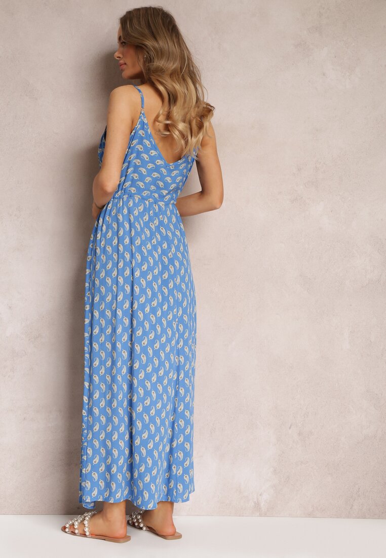 Niebieska Sukienka Maxi na Ramiączkach z Wiskozy Satha