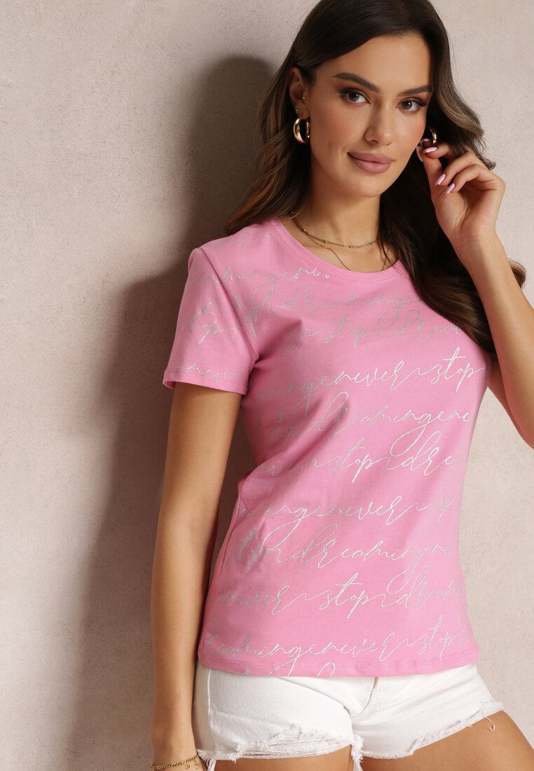 Różowy T-shirt z Metalicznym Nadrukiem Catlina