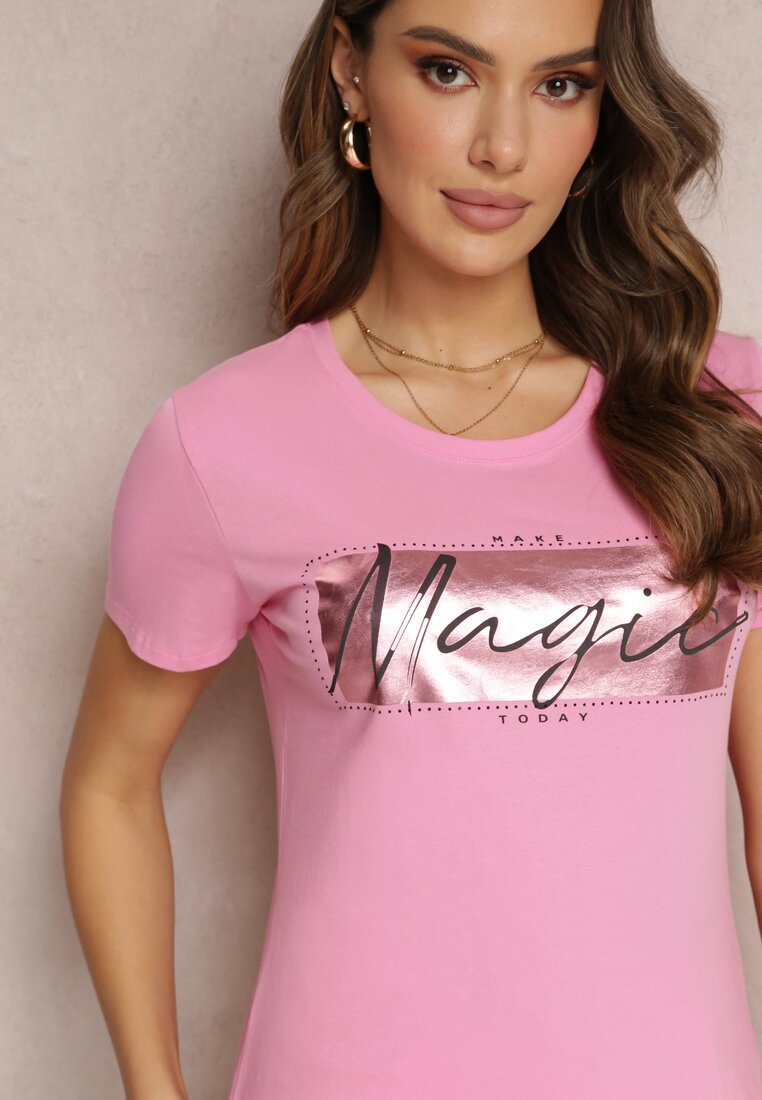 Różowy T-shirt Bawełniany z Nadrukiem Malyia