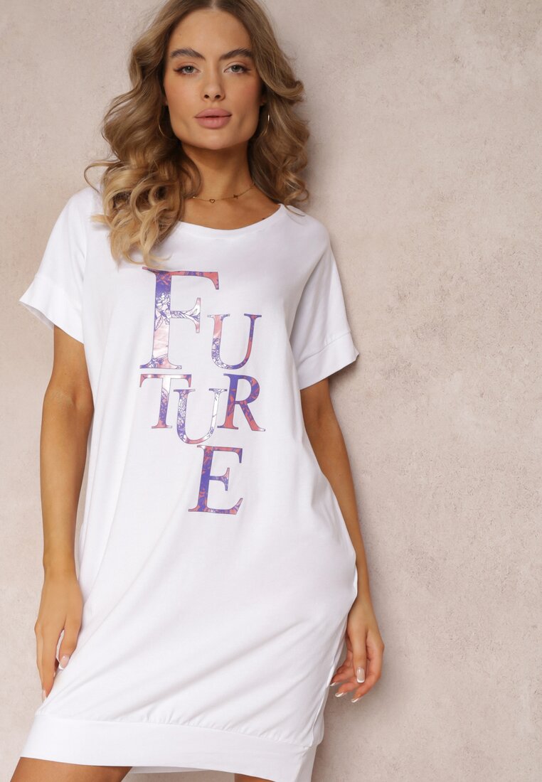 Biała Sukienka typu T-shirt z Nadrukiem i Krótkim Rękawem Nodite