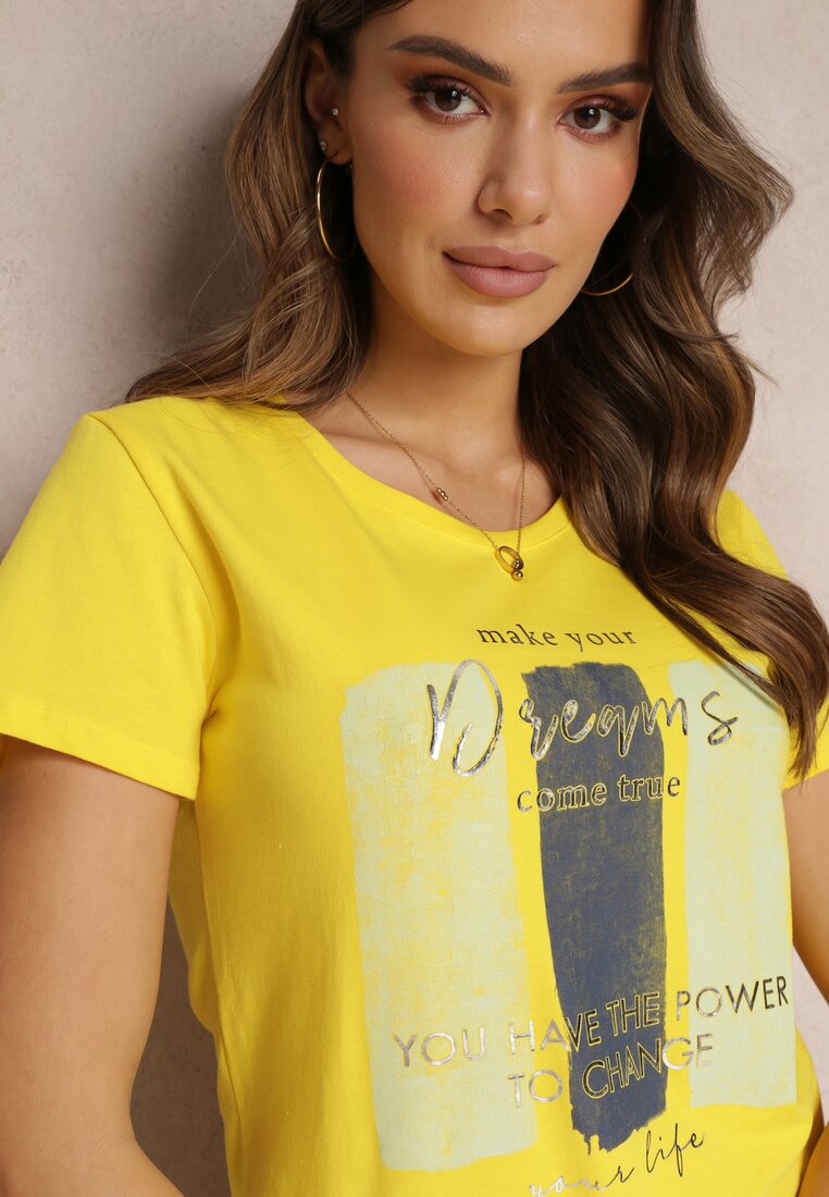 Żółty Bawełniany T-shirt z Delikatnym Nadrukiem Arianali