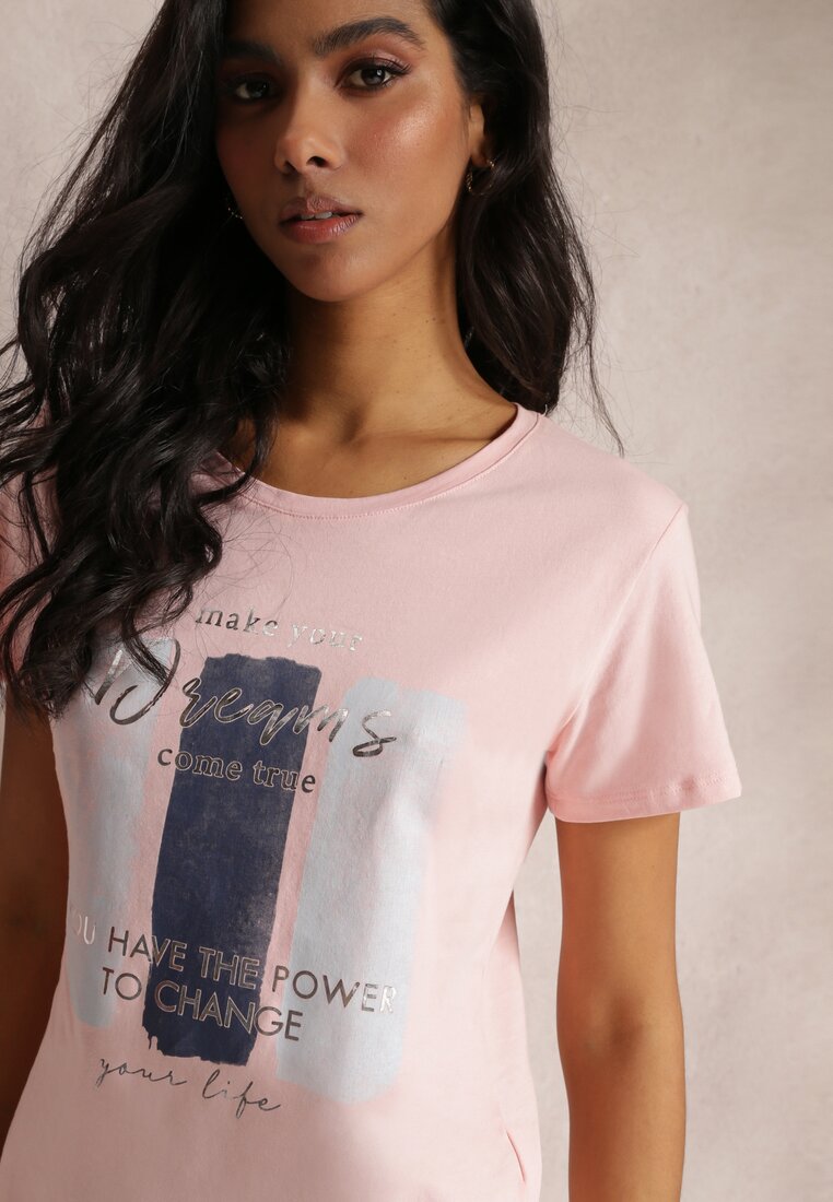 Różowy Bawełniany T-shirt z Delikatnym Nadrukiem Arianali