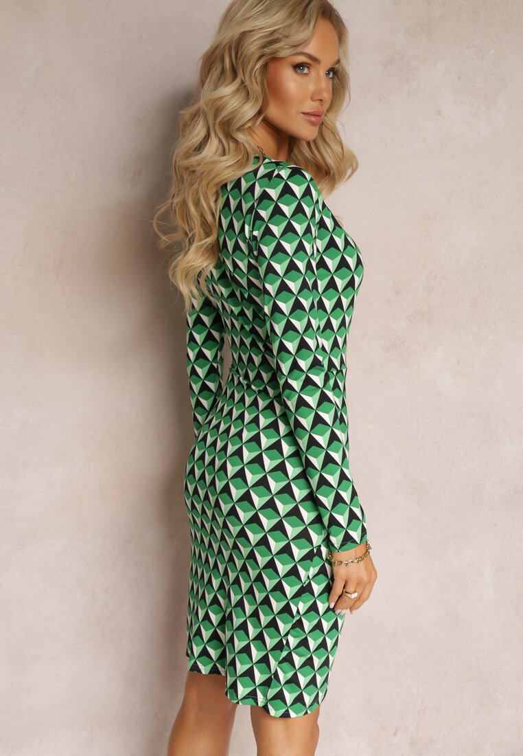 Zielona Kopertowa Sukienka Mini w Mozaikowy Wzór Jalilah