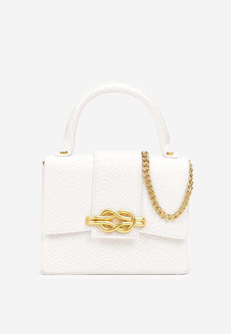 Biała Torebka Kuferek z Dekoracyjnym Łańcuszkiem i Tłoczeniem Skóry Węża Alival