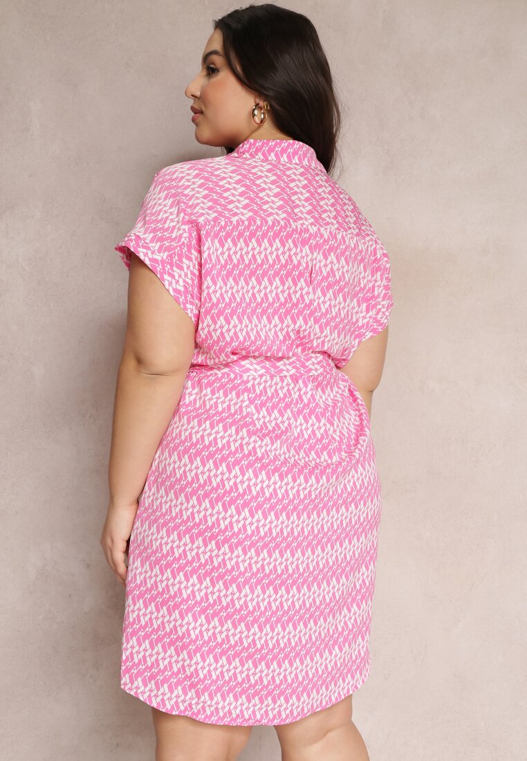 Różowa Koszulowa Sukienka Mini z Geometrycznym Wzorem Wiązana w Talii Acasia