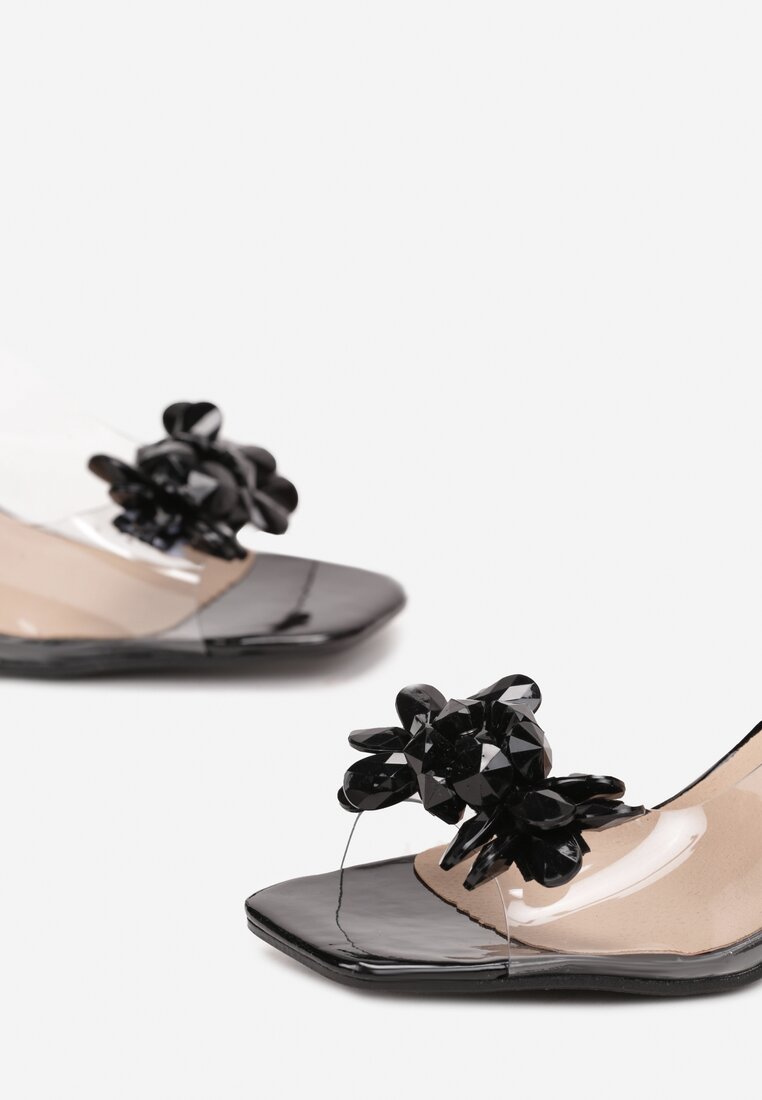 Sandale Negre Transparente cu Toc Conic decorate cu Cristale Acamisia