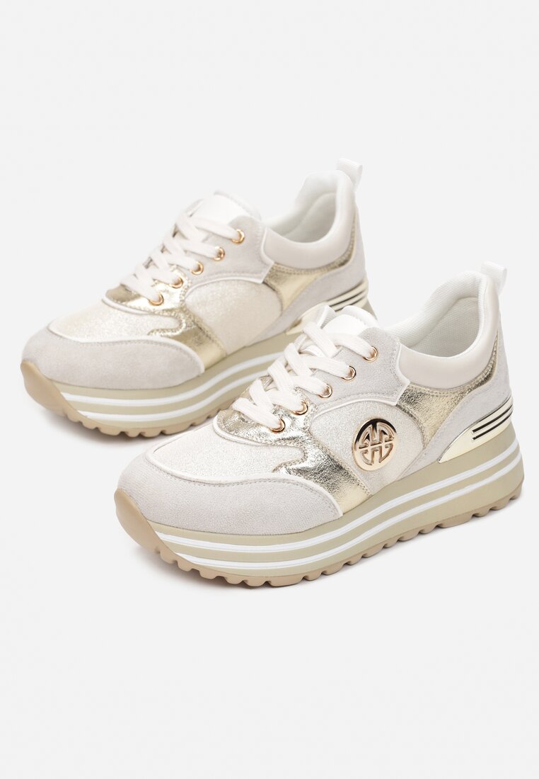 Złote Sneakersy na Ozdobnej Podeszwie i Wkładką ze Skóry Naturalnej Agiri