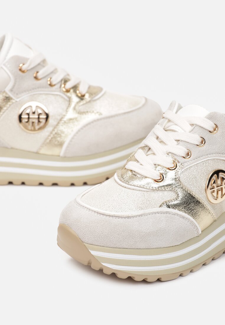 Złote Sneakersy na Ozdobnej Podeszwie i Wkładką ze Skóry Naturalnej Agiri