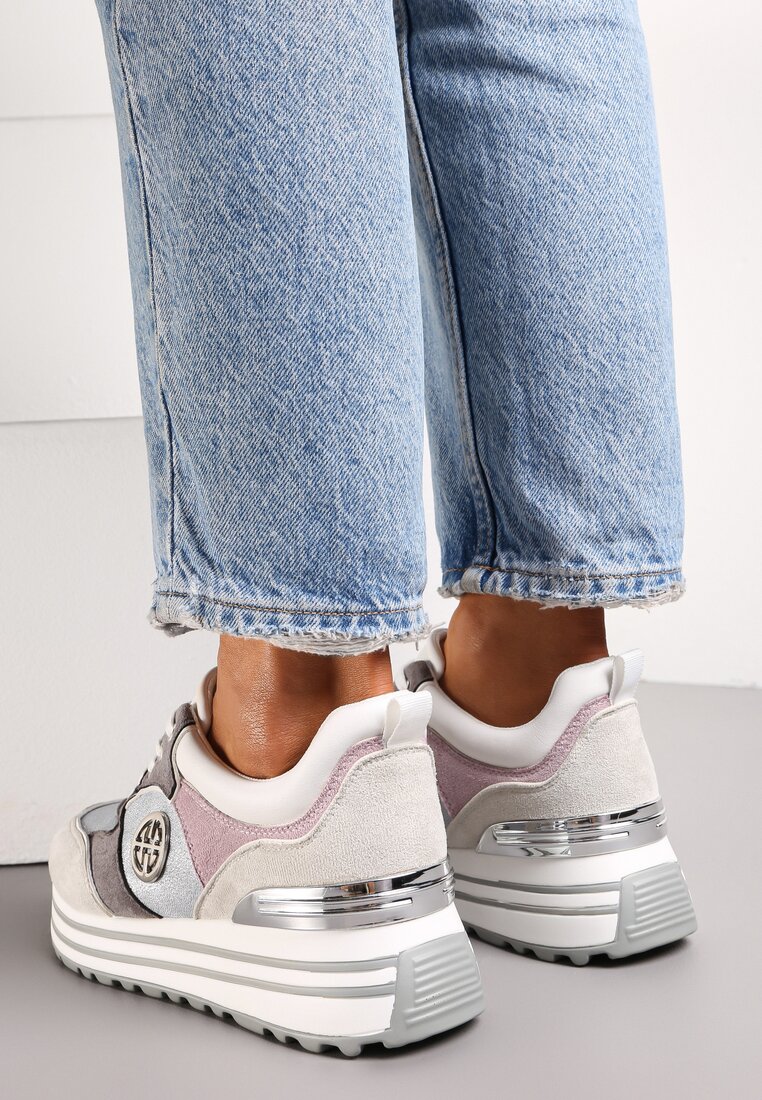 Szare Sneakersy na Ozdobnej Podeszwie i Wkładką ze Skóry Naturalnej Agiri