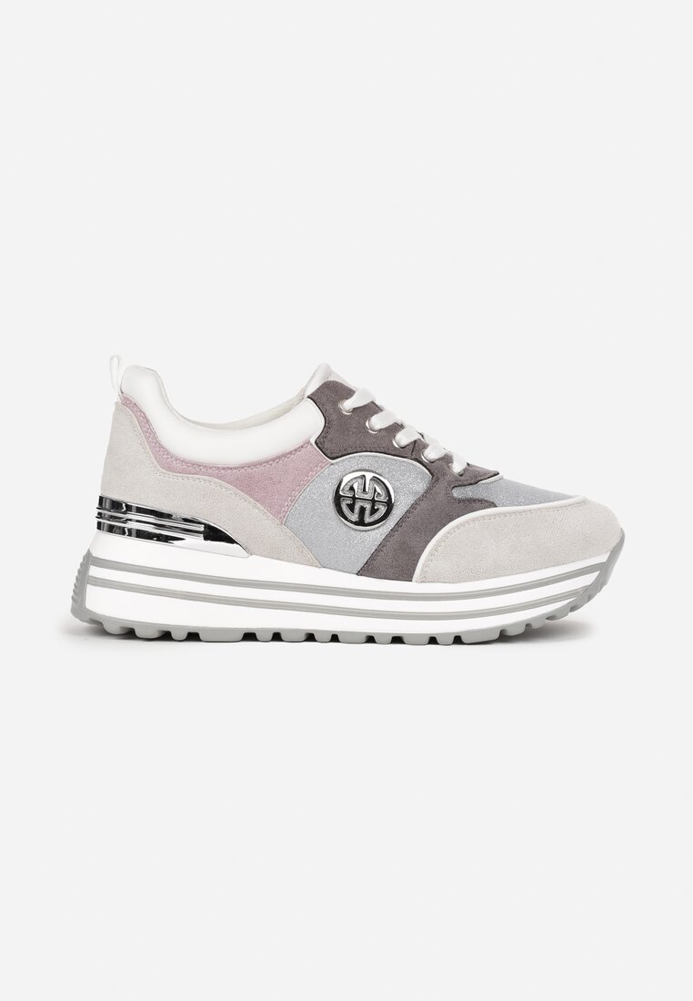 Szare Sneakersy na Ozdobnej Podeszwie i Wkładką ze Skóry Naturalnej Agiri