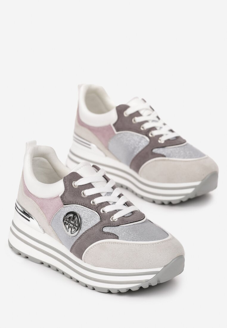 Szare Sneakersy na Ozdobnej Podeszwie i Wkładką ze Skóry Naturalnej Agiri
