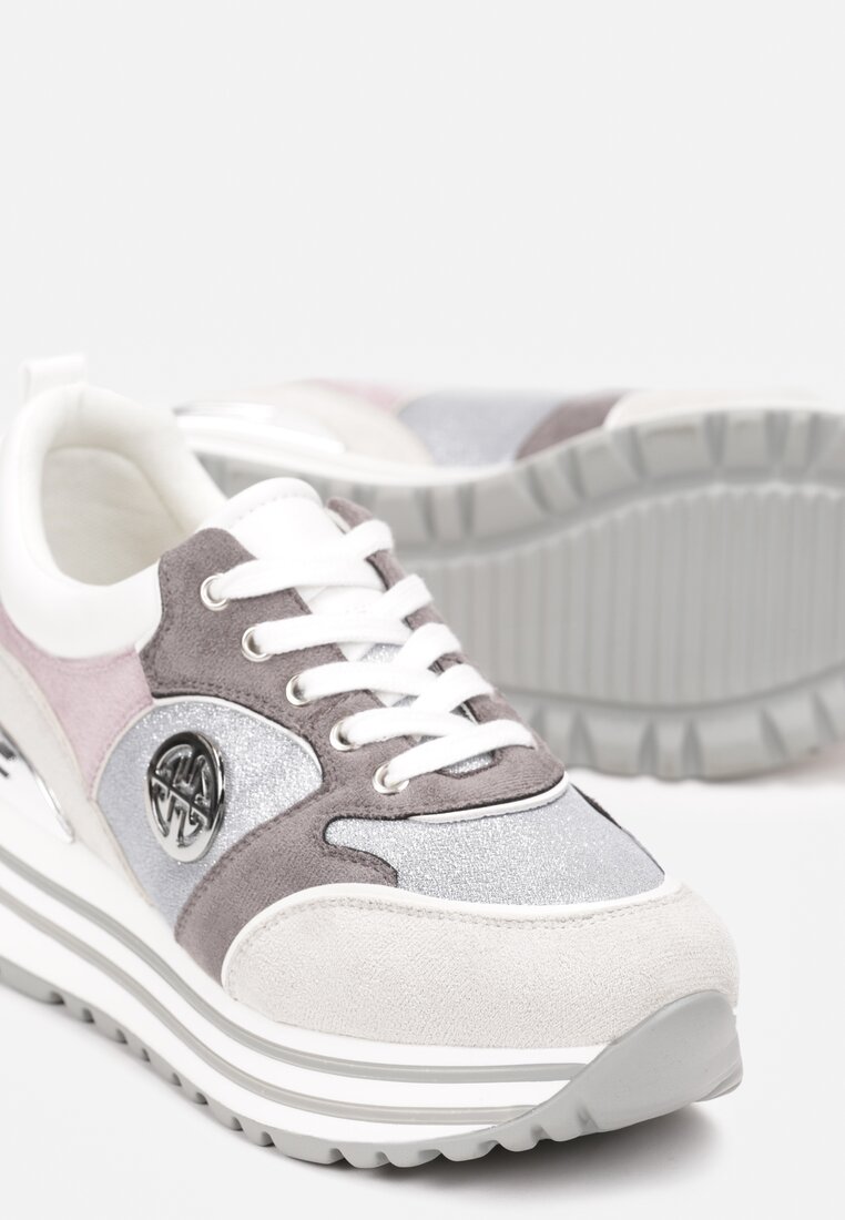 Szare Sneakersy na Ozdobnej Podeszwie i Wkładką ze Skóry Naturalnej Agiri