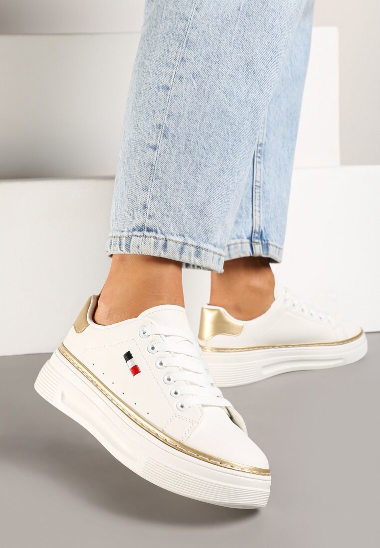 Biało-Beżowe Sznurowane Sneakersy na Płaskiej Podeszwie z Lamówką Fedat
