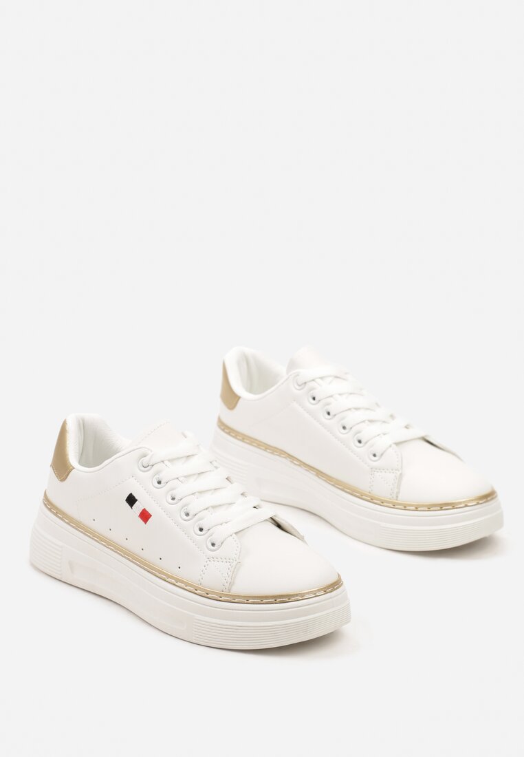 Biało-Beżowe Sznurowane Sneakersy na Płaskiej Podeszwie z Lamówką Fedat