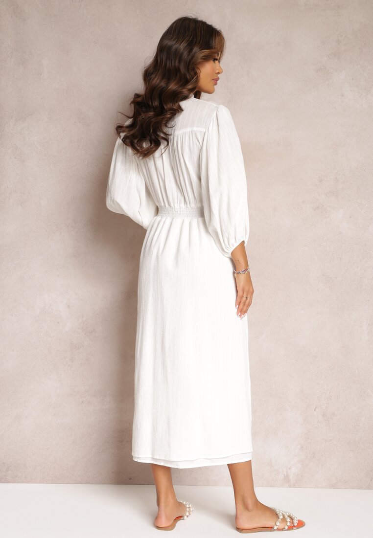 Biała Bawełniana Sukienka Maxi z Gumkami w Pasie i Koronkowymi Tasiemkami Tonade