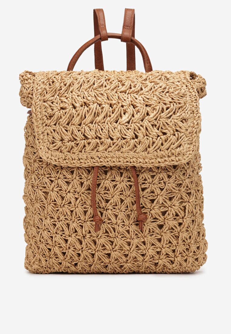 Beżowy Plecak z Plecionki na Regulowanych Ramiączkach z Klapą z Magnetycznym Zapięciem Aldyros