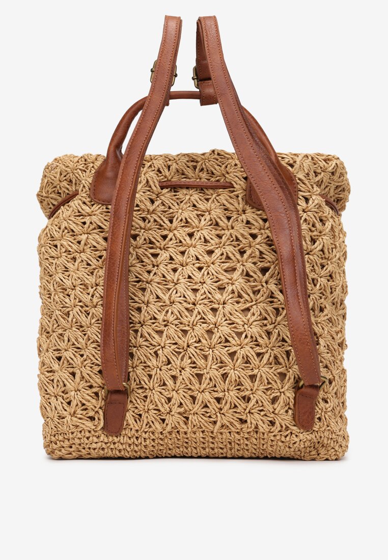 Beżowy Plecak z Plecionki na Regulowanych Ramiączkach z Klapą z Magnetycznym Zapięciem Aldyros