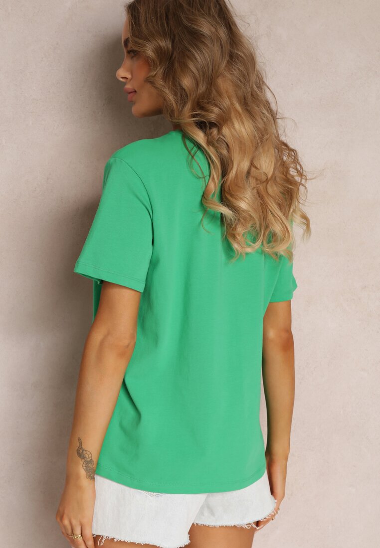 Zielony T-shirt Bawełniany z Krótkim Rękawem i Nadrukiem Anaia