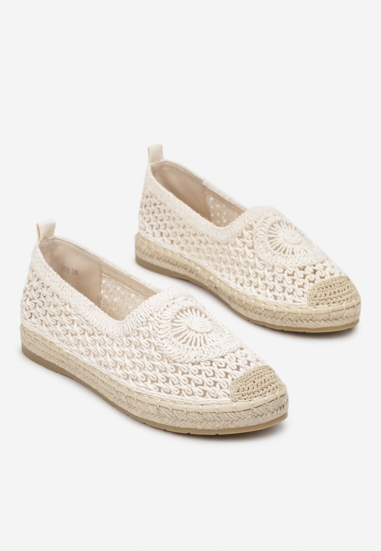 Beżowe Espadryle na Plecionej Podeszwie z Ażurową Cholewką przed Kostkę Olloh