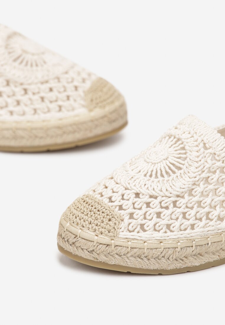 Beżowe Espadryle na Plecionej Podeszwie z Ażurową Cholewką przed Kostkę Olloh
