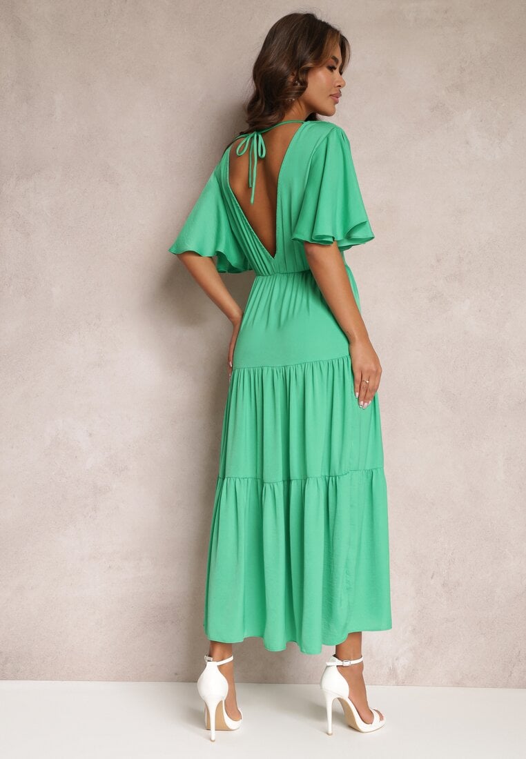 Zielona Sukienka Rozkloszowana z Falbankami i Odkrytymi Plecami Gallasia