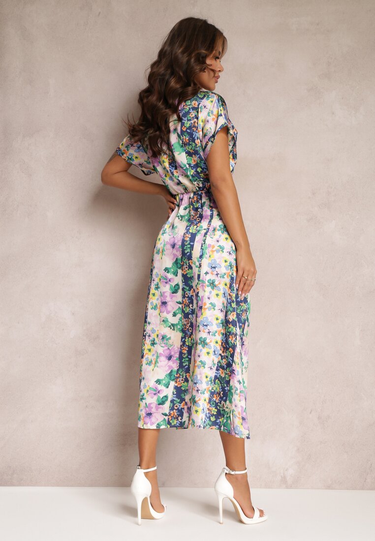 Beżowo-Fioletowa Sukienka Maxi z Ozdobnym Węzłem w Kwiaty Lahni