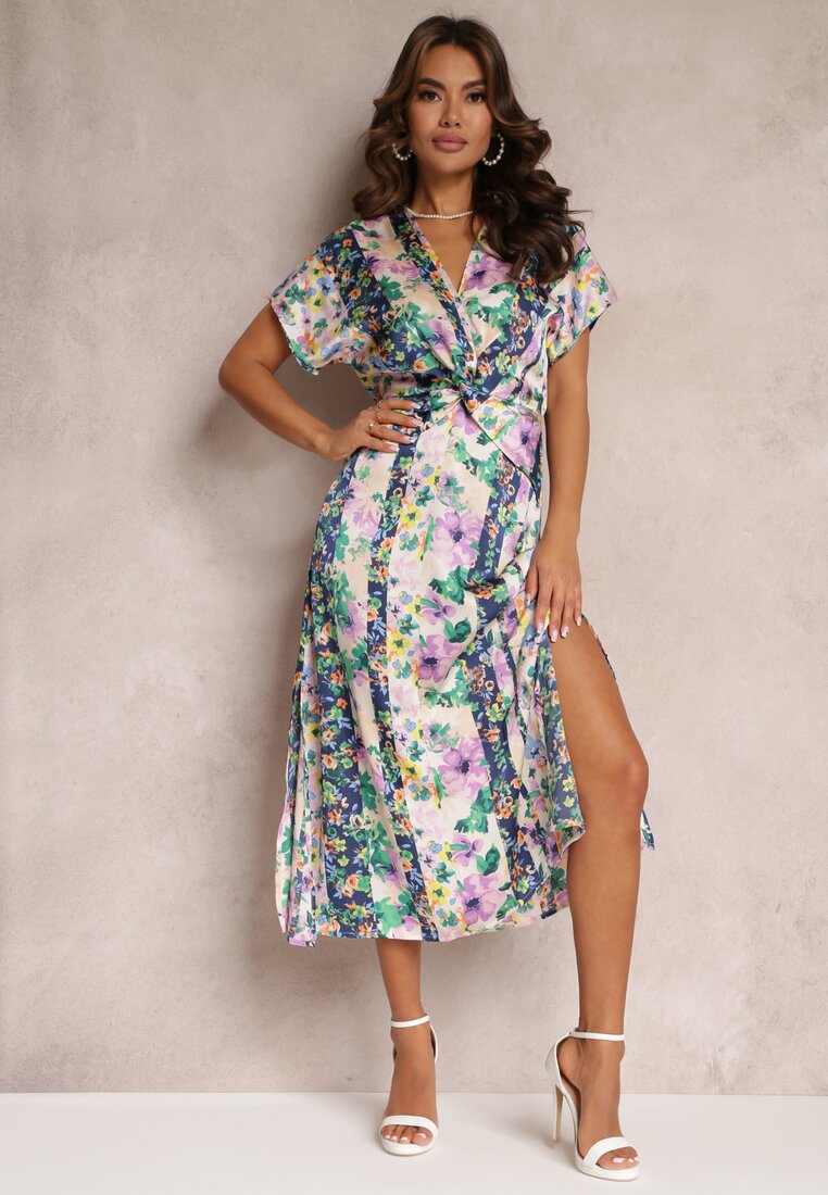 Beżowo-Fioletowa Sukienka Maxi z Ozdobnym Węzłem w Kwiaty Lahni