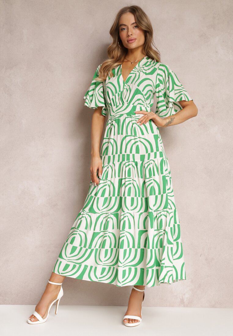 Zielono-Beżowa Sukienka Maxi z Wiskozy z Odkrytymi Plecami i Falbankami Jayliana