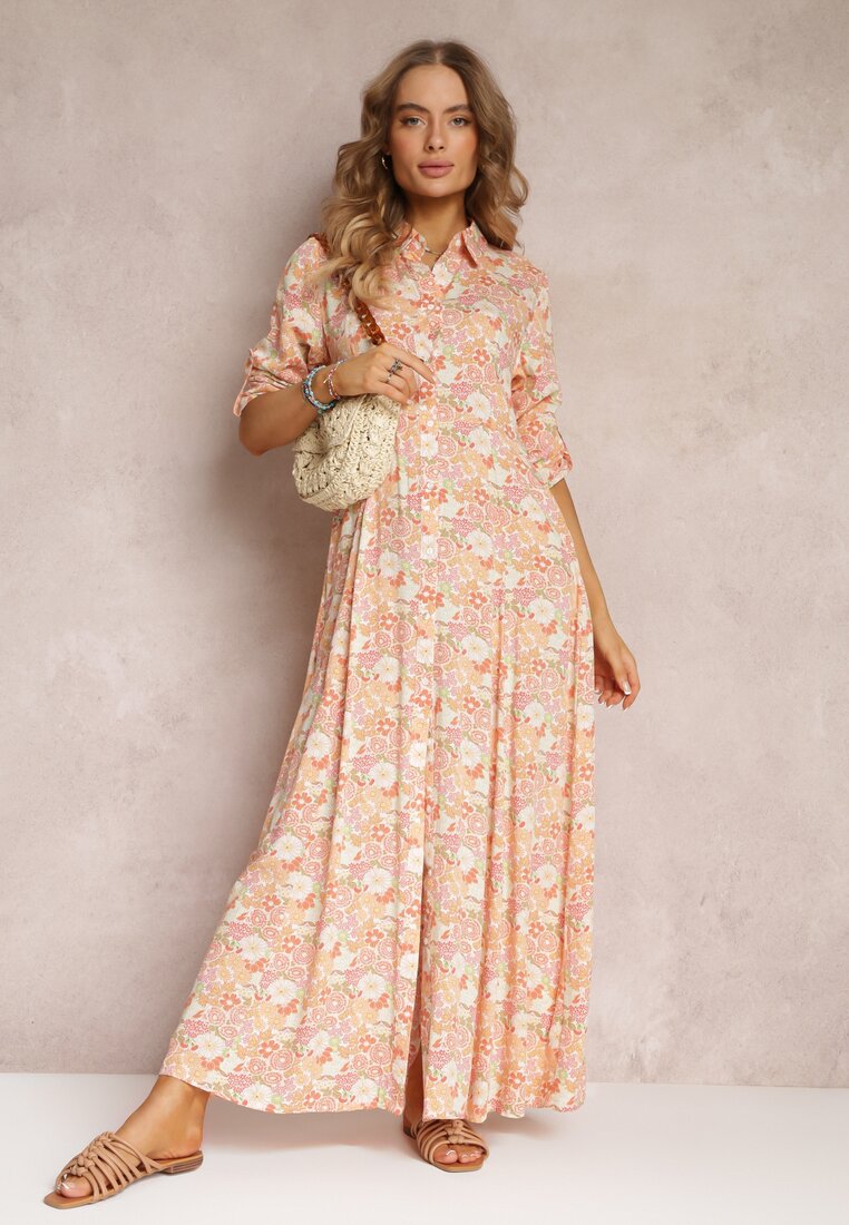 Pomarańczowo-Biała Sukienka Koszulowa Castorius