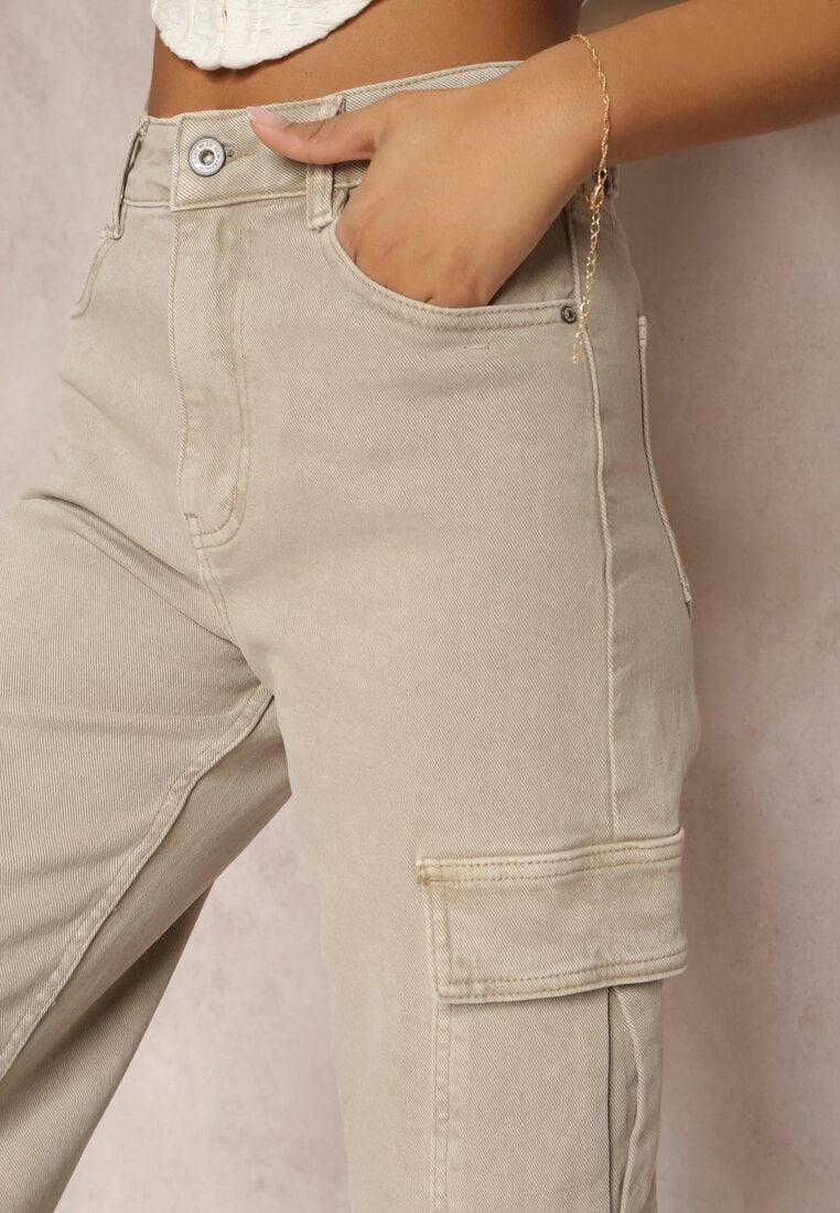 Beżowe Jeansy Cargo High Waist z Kieszeniami Anora