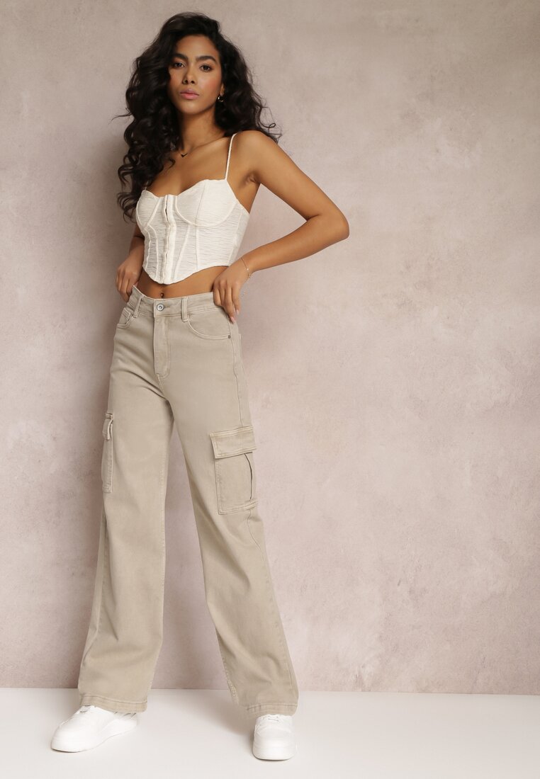 Beżowe Jeansy Cargo High Waist z Kieszeniami Anora