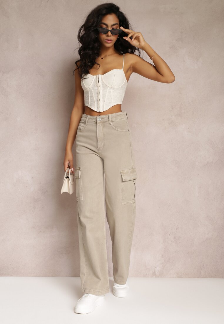 Beżowe Jeansy Cargo High Waist z Kieszeniami Anora