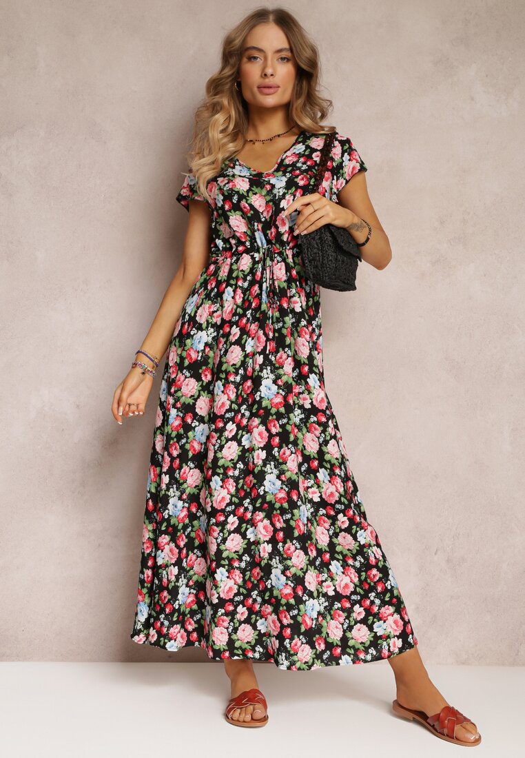 Czarna Wiskozowa Sukienka Maxi w Kwiaty ze Ściągaczem w Talii Kenlia