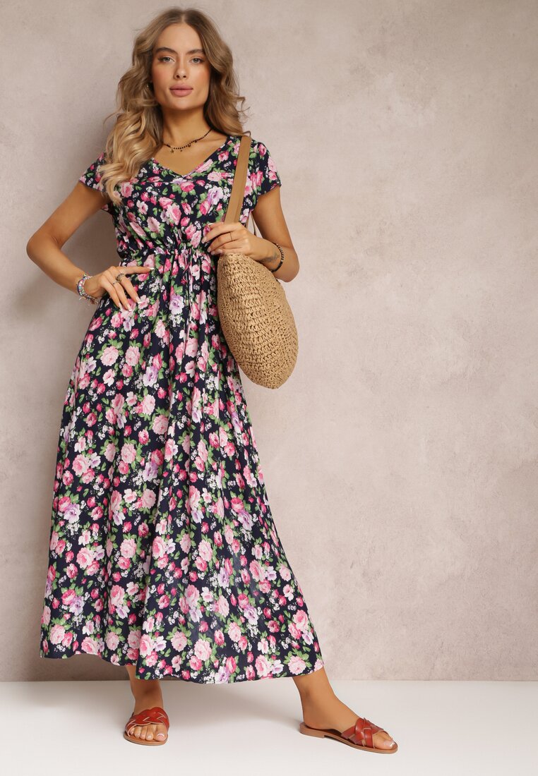 Granatowa Wiskozowa Sukienka Maxi w Kwiaty ze Ściągaczem w Talii Kenlia