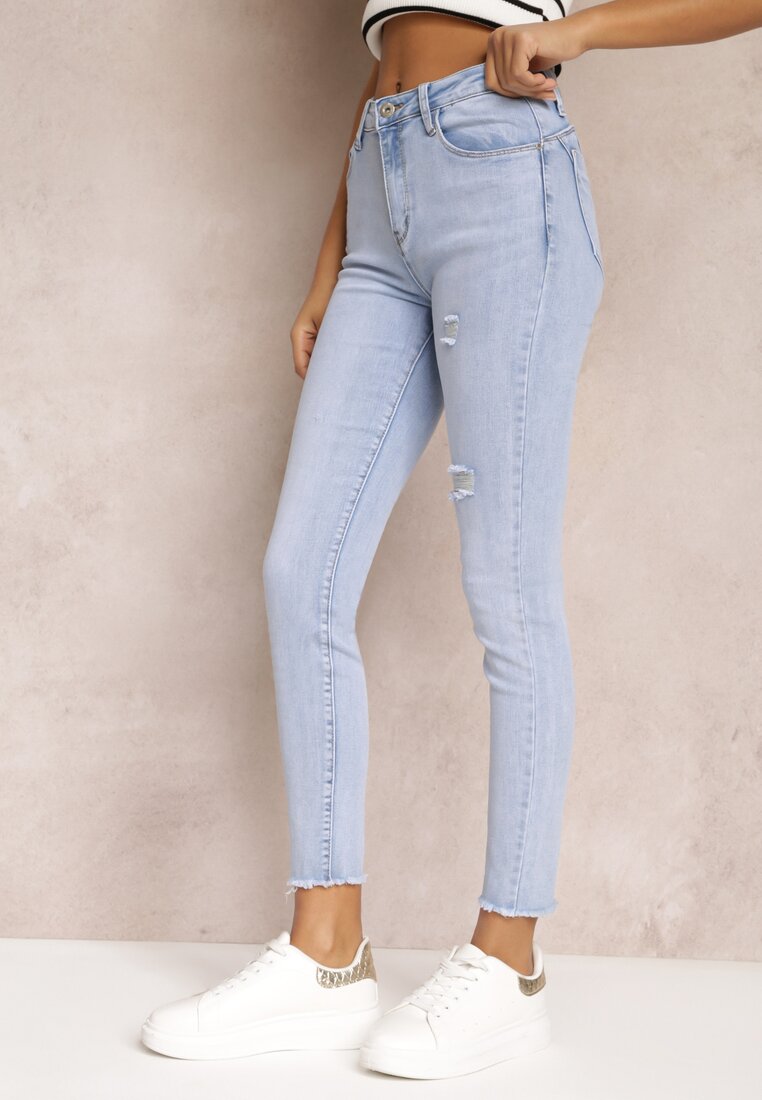 Jasnoniebieskie Jeansy Skinny z Efektem Push Up i Przetarciami Kelyna
