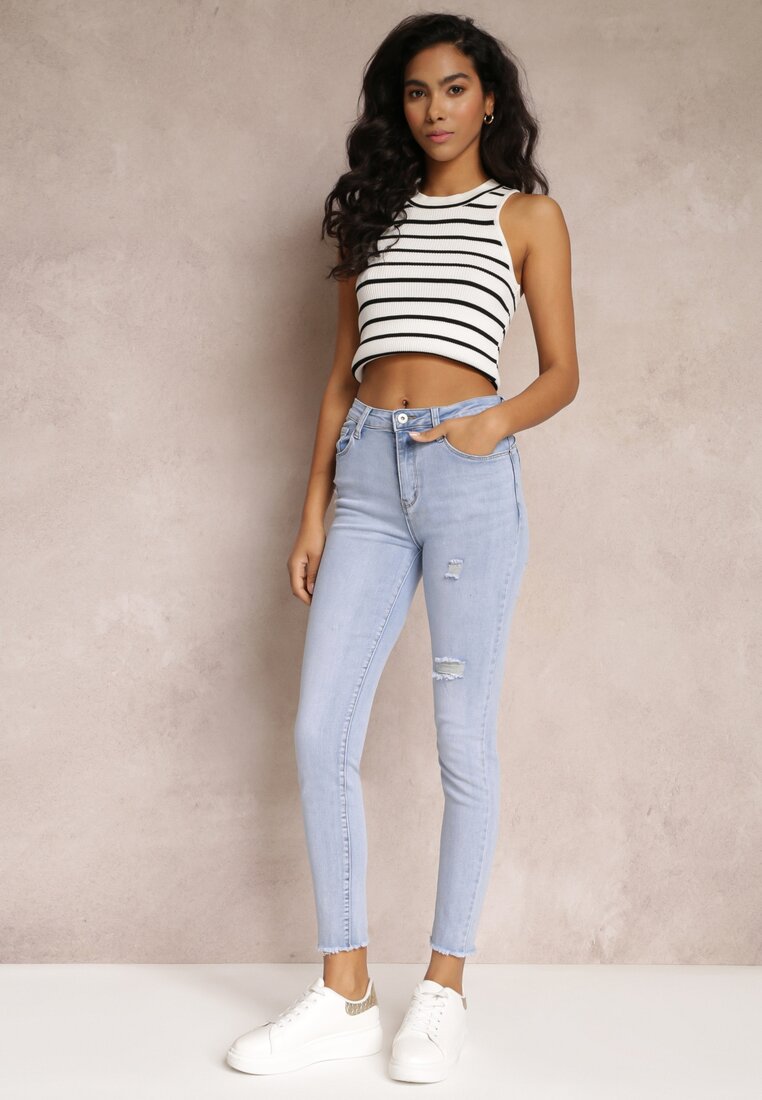 Jasnoniebieskie Jeansy Skinny z Efektem Push Up i Przetarciami Kelyna